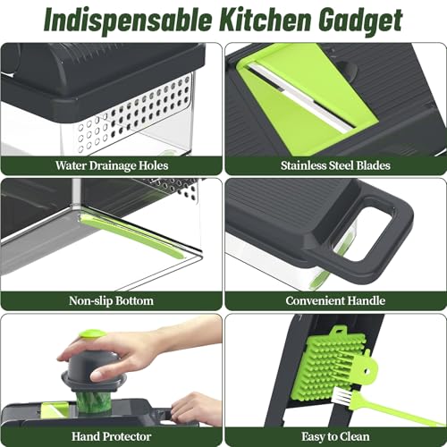 15-in-1 Vegetable Chopper 10 Blades, Veggie Cutter with Handle, Green/Grey | Stainless Steel Blades, Food Container and Lid, Dicer, Slicer, Julienne, Egg Separator, Non-slip Base, Include Cleaning Tools - color: Green, size: 10 blades