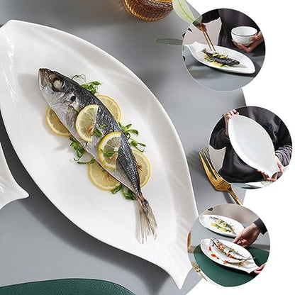 Hemoton Ceramic Fish Platter Oval Fish Plate White Oval Steamed Plate Food Serving Tray for Home Hotel Restaurant Shaped 18inch - size: 45.50X22.00X3.00CM