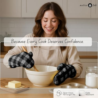 Native Fab Buffalo Plaid Check Oven Mitts and Pot Holders Set of 4, 100% Cotton Heat Resistant Kitchen Gloves, 2 Oven Mitts (7x13), 2 Pot Holders (8x8) for Cooking & Baking, Ash Grey Black - color: Buffalo, Light Grey & Black