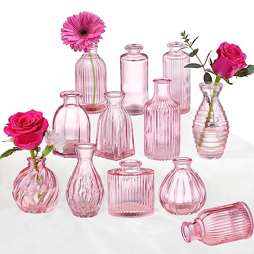 Pink Vase, Bud Vases Set of 12, Small Pink Glass Vases for Flowers Modern Ribbed Glass Bud Vase for Decor Wedding Flower Vase in Bulk Vintage Decor Bridal Shower Centerpieces Home Table Decoration - color: Pink, size: 1 Pack