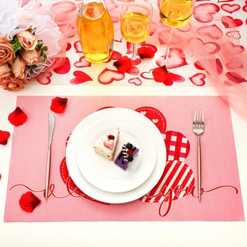 Xuhal 13 Pcs Valentine's Day Heart Boho Placemats and Table Runner Set 6 Sets Table Mats 11.8 x 78.7 Farmhouse Runner for Dining Kitchen(Heart Style) - style: Heart Style