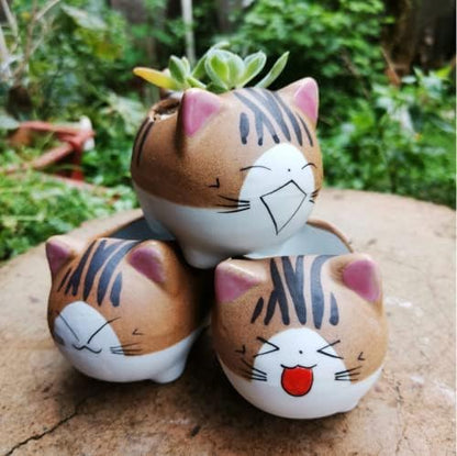 Set of 5 Mini Cute Cat Ceramic Succulent Pots Planters with Drainage Hole | Handmade Cartoon Pots Small Plants Animal Lovers Home and Office Desk Decoration