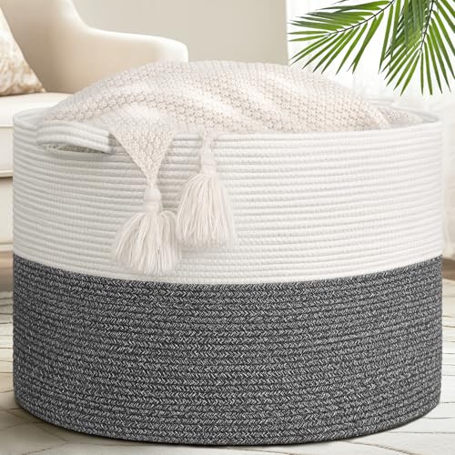 Goodpick Extra Large Woven Blanket Basket Living Room & Playroom, 115L | 23.5 x 23.5 x 15.8 In Woven Basket for Storage, Kids Toy Storage for Playroom, Laundry Basket for Towels, Gray - color: White & Grey, size: 23.5x23.5x15.8 Inch (Pack of 1)