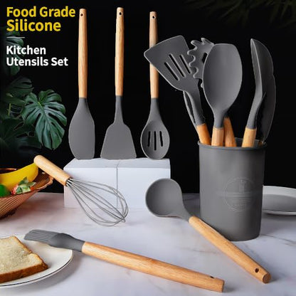 Silicone Cooking Utensils Set, 12Pcs Large Heat Resistant Kitchen Utensils, Turner Tongs, Spatula, Spoon, Wooden Handle Kitchen Gadgets with Holder for Nonstick Cookware, Dishwasher Safe (Grey) - color: Gray