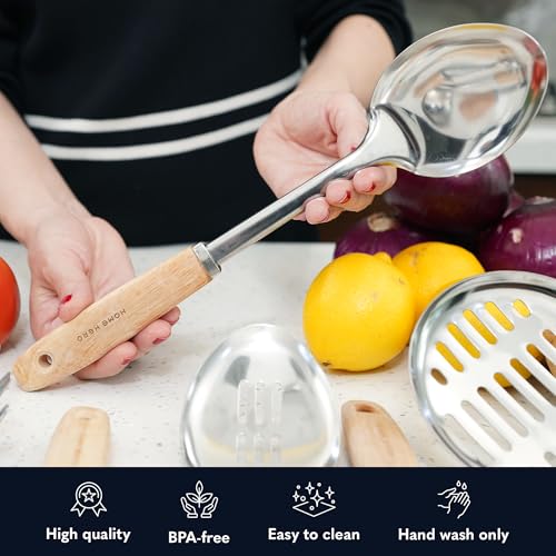 Home Hero 10-Piece Stainless Steel Kitchen Utensil Set with Wooden Handle | Ergonomic Wood Handle Stainless Steel Kitchen Utensils - Rust-Resistant, Nonstick Safe with Storage Holder (10-Piece) - size: 10 pieces