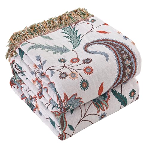 100% Cotton Boho Throw Blanket for Bed White Flowers 90"x98" | 4-Layer Gauze Breathable Double-sided Muslin Blanket,Soft Lightweight All Season Quilt with Fringe,Multi-purpose Blanket - color: Cashews, size: 90"x98"
