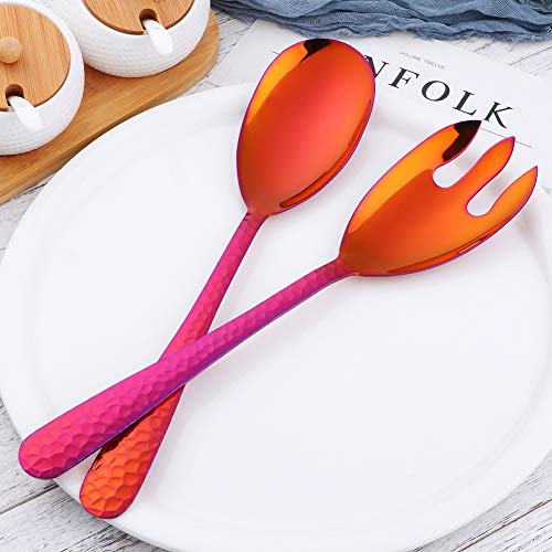 Salad Spoon and Fork Set, 12 Inch Stainless Steel Salad Server, Magic Red Serving Utensils, Pack of 2 - color: Orange Red