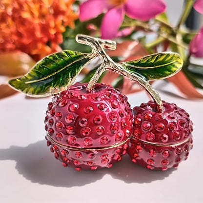 Enamel Cherry Blossom Jewelry Box with Diamond Accents Metal Crafted Trinket Container Tabletop Statue Perfect for Home Decor & Unique item for Chrismas Day Birtday Gift