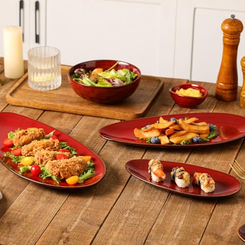 vicrays Large Oval Serving Platters, 16"/14"/10" Porcelain Serving Platters for Party, BBQ,Stackable Serving Trays Serving Plates for Appetizers, Sushi, Restaurant, Set of 3 (Cherry Red) - color: Cherry Red