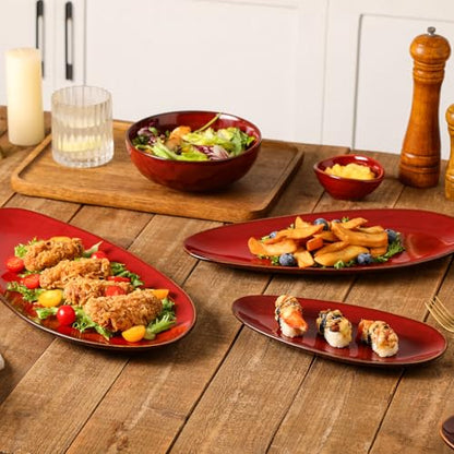 vicrays Large Oval Serving Platters, 16"/14"/10" Porcelain Serving Platters for Party, BBQ,Stackable Serving Trays Serving Plates for Appetizers, Sushi, Restaurant, Set of 3 (Cherry Red) - color: Cherry Red
