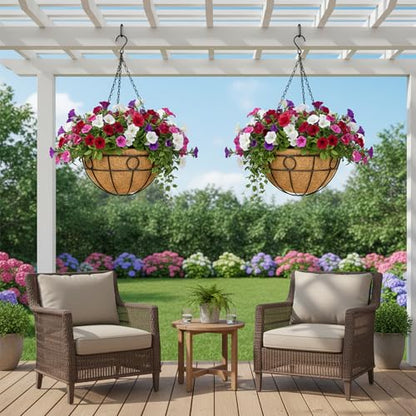EIMQUVW Outdoor Hanging Planter(4-Pack) Black Metal Hanging Baskets with Coconut Fiber Lining 16 inch Round Chain Flower Pots for Patio Garden Greenery Decoration - size: 16 Inch, style: Circular