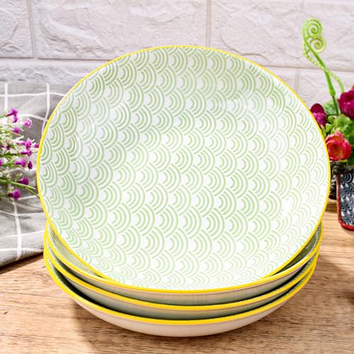 4-Piece Ceramic Salad Plate Set, 7-Inch Round Dessert Plates with Green Wave Motif & Yellow Rim, Multi-Purpose Small Serving Bowls for Appetizers & Snacks, Microwave & Dishwasher Safe, Stackable - color: GBL
