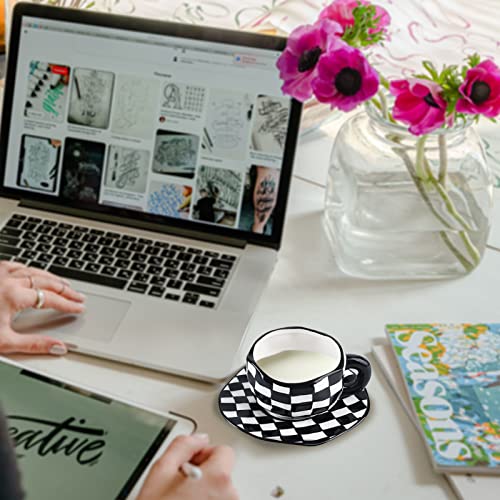 Koythin 10oz Ceramic Coffee Mug With Saucer, Black White Plaid Latte Cup | 300ml Drinkware, Microwave & Dishwasher Safe; Daily Office Cup, Sweet Gift For Women - color: Black and White Plaid