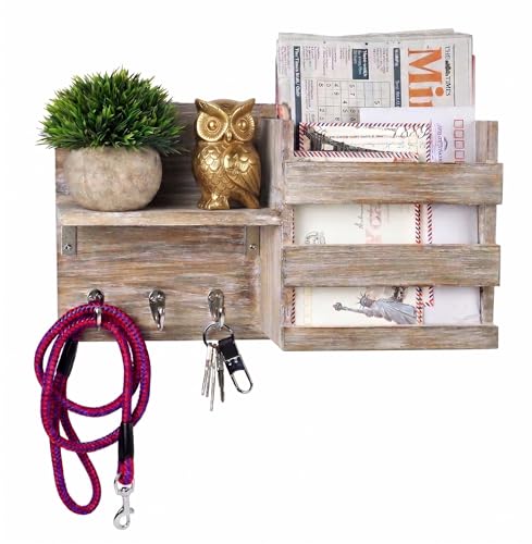 Rustic Wall Key Holder & Mail Sorter with 3 Hooks & Shelf | 3 metal hooks organize keys & coats Mail slot & shelf hold letters & decor Includes hardware for easy setup - color: Grey Organizer & Wood shelf