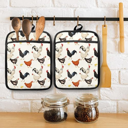 Farmhouse Chicken Pot Holders with Pockets, Farm Rooster Hen Chick Oven Pot Holders Heat Resistant Oven Mitts Hot Pads for Kitchen Baking Cooking