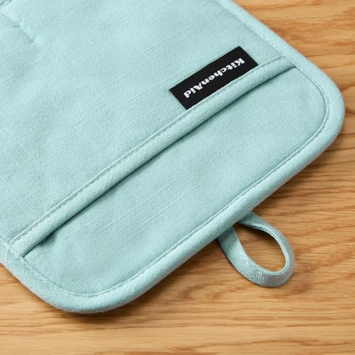 KITCHENAID Gourmet Series Gridlines Pot Holders 2-Pack Set, Heat Resistant up to 600°F, Soft Silicone Grip, Magnetic Cuff, Mineral Water Aqua, 8"x8" - color: Mineral Water Aqua