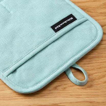 KITCHENAID Gourmet Series Gridlines Pot Holders 2-Pack Set, Heat Resistant up to 600°F, Soft Silicone Grip, Magnetic Cuff, Mineral Water Aqua, 8"x8" - color: Mineral Water Aqua