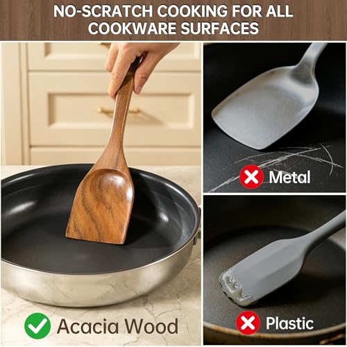 12 PCS Natural Acacia Wooden Utensil Set Wooden Spoons for Cooking | Non-Toxic, Nonstick Safe, Sturdy & Easy to Clean, Comes with Holder, Spoon Rest & 6 Hooks, Perfect Practical Kitchen Gift - size: 12 PCS SET