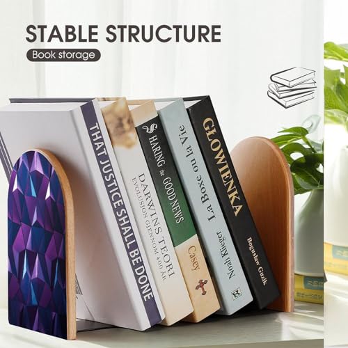 Personalized Purple Geometric Book Ends for Shelves, Large Heavy Duty Wooden Bookends with Non-Skid Metal Base Book Holder Decorative Book Stopper for Home Office Supplies 1 Pair