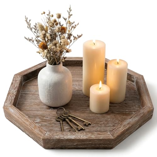 Rustic Candle Holder Plate Round Wooden Decorative Tray for Coffee Table | Boho Farmhouse Kitchen Home Counter Decor Living Room Small Wood Serving Tray Dining Table Centerpiece Bathroom Vanity Trays - color: Octagon, size: 11"