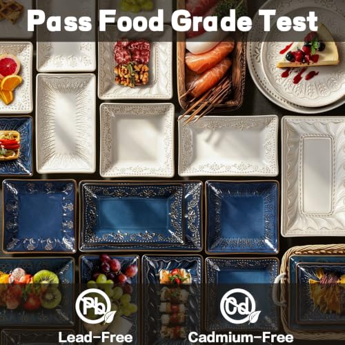 Salad Plates Set of 4, 9.85" Embossed Ceramic Rectangular Appetizer Plates, Deep Lipped Edges, Microwave & Dishwasher Safe, Dessert Sushi Pasta Serving Plates (White, Willow Leaf) - color: White (Willow Leaf), size: 9.85 inch