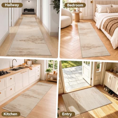 Hallway Kitchen Runner Rug Non-Slip Low Pile Washable Rug Brown 2x5ft | Soft Entryr Mat Carpet TPR Backing , Thin Profile, Abstract Pattern for Bedroom, Bathroom, Entryway Long Runners, Easy Clean - color: Brown, size: 2' x 5'