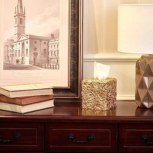 Polytree Square Tissue Box Cover,Tissue Box Holder for Bathroom Home Decor,Hand Carved 3D Florwers Tissue Case,Farmhouse Paper Organizer,Sunflowers Gold