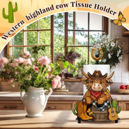 Western Cowboy Highland Cow Paper Towel Holder Cowboy Kitchen Bathroom Decor Farmhouse Metal Highland Cow Western Towel Holder Stand with Round Base for Home Countertop Toilet Accessories - style: Cowboy