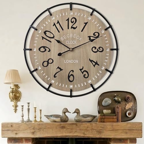 30 Inch Oversized Farmhouse Wall Clock, Metal Rustic Wood with Silent Quartz Movement, Easy Read Arabic Numerals, Battery Powered Decorative Wall Clock for Living Room Bedroom Kitchen Office - color: Black (Arabic Numerals), size: 30in