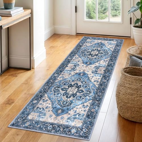 SIILOOM 2x6 Washable Runner Rug, Non Slip Soft Area Rug for Hallway Kitchen | Boho Vintage Spill & Stain Resistant Low Pile Carpet for Entryway Office Laundry Bedroom, Easy Clean - color: Blue, size: 2' x 6' (Runner)