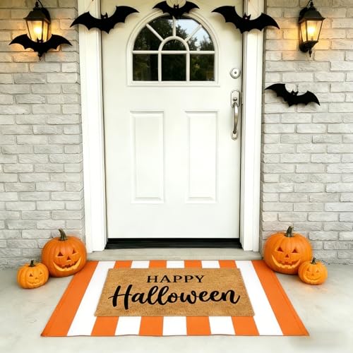 SEEKSEE Happy Halloween Doormat Set, Thick Coco Coir Door Mat + Orange and White Striped Rug, Outdoor Layered Mat for Front Door Non-Slip Backing Floor Mat for Porch - color: Happy Halloween - Orange White Striped, size: 2'3" x 3'7" (Rectangular)