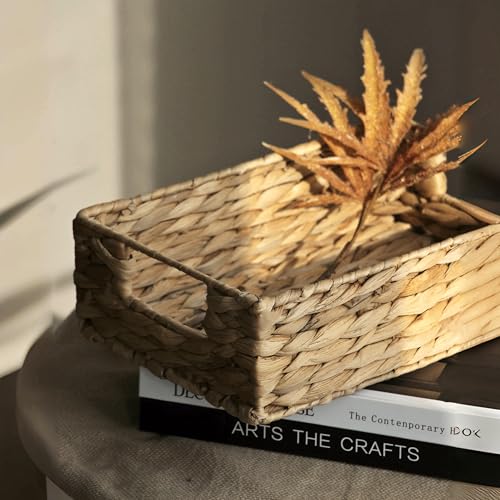 Water Hyacinth Storage Basket - Small Rustic Rectangle Woven basket Organizer with Handle for Home & Office Decor (Hyacinth) - style: Hyacinth
