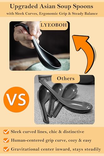 LYEOBOH Soup Spoons, Ceramic Ramen Spoon Set of 6-6.5inch Japanese Spoons | Chinese Spoons with Deep Hook Non-slip, Stackable Korean Spoons Deep for Pho Pasta Cereal, Dishwasher & Microwave Safe, Black - color: Black