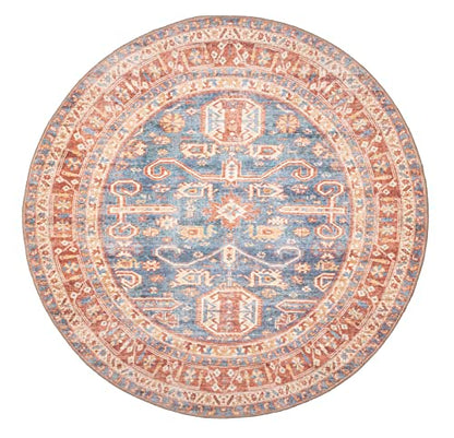 GLN Rugs Bohemian - Jerusalem - Machine Washable Round Rug, Boho Washable, Non Slip, Low Pile Chenille Area Rug, Living Room, Bedroom, Dining Room Rug - Easy Clean (5'3" Round Terra/Slate Blue) - color: Terra/Slate Blue, size: 5'3" (Round)