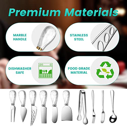 Marble Ceramics Charcuterie Accessories, Cheese Spreader Knive Set for Ceramics Silver Handle Butter knives, Mini Cheese Knife Kit Slicer With Tongs, Spoons, Forks,Honey Dipper (23 Pack) - color: Marble Silver