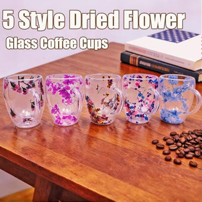 Viovian 13oz Double Wall Glass Coffee Mugs Set of 2 Insulated Glass Coffee Cups with Handles,Clear Dried Flower Tea Mug for Hot Beverages,Tea Cup Women Birthday Gifts - color: 13oz double wall glass mugs set of 2（Blue Hydrangea）