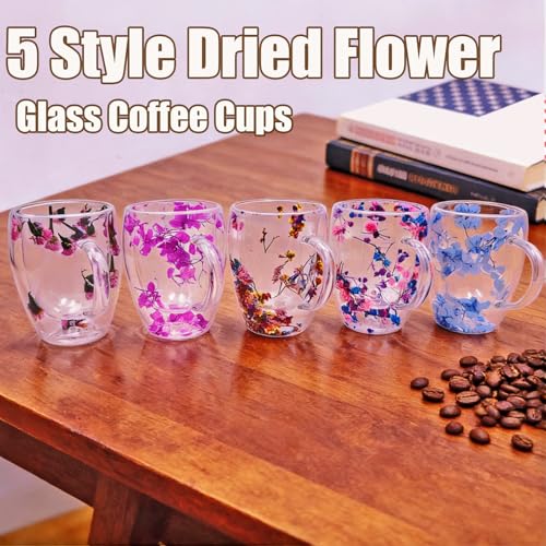 Viovian 13oz Double Wall Glass Coffee Mugs Set of 2 Insulated Glass Coffee Cups with Handles,Clear Dried Flower Tea Mug for Hot Beverages,Tea Cup Women Birthday Gifts - color: 13oz double wall glass mugs set of 2（Starry Sky）