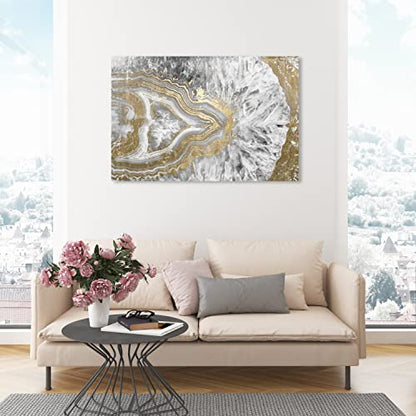 Oliver Gal Abstract Modern Canvas Wall Art Agate Geode Crystal Ready to Hang Home Decor 30.0 x 45.0 Gold and White Canvas Art for Living Room - size: 30"L x 45"W, style: Wrapped Canvas