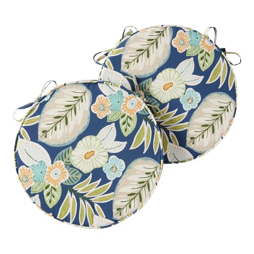 Set of 2 Outdoor 18 inch Round Patio Dining Chair Pads – Comfortable Fiber-Filled Seat Cushions with Ties, Reversible Polyester Fabric, Marlow Blue Floral - color: Marlow Blue Floral