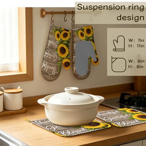 Wood Sunflower Oven Mitts and Pot Holders Sets of 4 PCS, Thankful Grateful Blessed Oven Gloves Potholder for Kitchen Cooking Baking BBQ Heat Resistant - color: Thankful Grateful Blessed