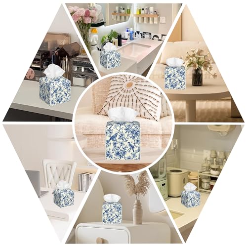 Bird on Blooming Branches Tissue Box Cover Square, Blue Flower Tissue Box Holder with Bottom Belt Leather Facial Paper Organizer Dispenser for Bathroom Bedroom Dresser Night Stand Tabletop - color: Bird on Blooming Branches