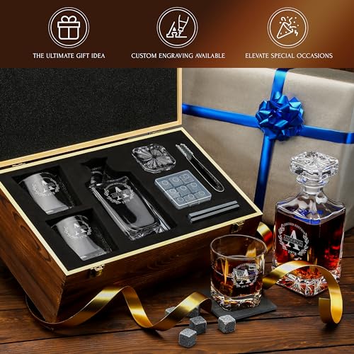 Personalized Old Fashioned Whiskey Decanter and Stones Set | Customized Gift for Him - Men, Dad, Father - Engraved Decanter, Glasses, 9 Granite Stones, Coasters, Tongs, Gift Wooden Box
