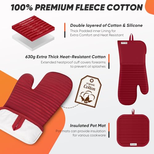 Oven Mitts Kitchen Towels and Dishcloths with Pot Holders Sets, Oven Gloves Hot Pads 500°F Heat Resistant with Silicone Grip, Include 2 Cooking Gloves/2 Potholders/4 Kitchen Towels/4 Dish Towels-Red - color: Red