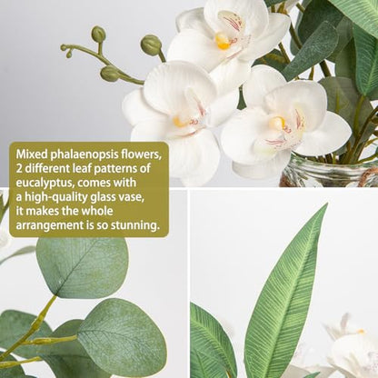 White Orchids Artificial Flowers with Vase Fake Flowers in Vase Artificial Eucalyptus Stems in Glass Vases with Faux Water Faux Orchid with Eucalyptus Leaves Arrangement for Dining Table Centerpiece - color: White & Clear Vase