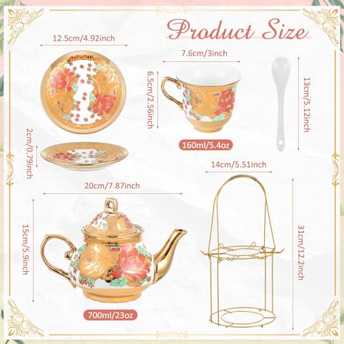 Zhehao 20 Pcs Porcelain Tea Set with Metal Holder and Spoon Adult Ceramic Tea Set European Flower Painting Teapot Cup Saucer Spoon for Women Mom Gift, Large Version (Stylish Style) - color: Stylish Style