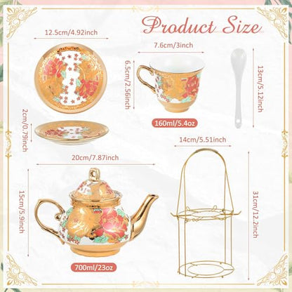 Zhehao 20 Pcs Porcelain Tea Set with Metal Holder and Spoon Adult Ceramic Tea Set European Flower Painting Teapot Cup Saucer Spoon for Women Mom Gift, Large Version (Stylish Style) - color: Stylish Style
