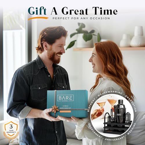BARE BARREL® Mixology Bartender Kit Bar Set | 14-Piece Cocktail Shaker Set | Martini Barware Mixing Tools for Home Bartending | 35 Recipe Cards | Gift Set (24oz Cobbler Shaker, Jet Black/Black) - color: Jet Black/Black
