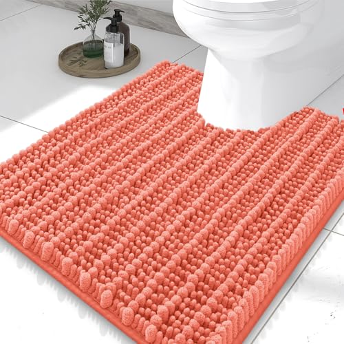 Smiry Bathroom Toilet Rugs U Shaped 24X20, Chenille Bath mats for Toilet | Coral Extra Soft Absorbent Non Slip Rubber Backing Contour Bath Rugs for Toilet, Machine Washable Contoured Bath Mats - color: Coral, size: 24'' X 20''
