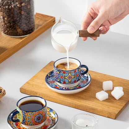 vancasso 2.5 Oz Stackable Espresso Cup Set of 4, Ceramic with Saucers | Microwave and Dishwasher Safe, Easy Clean, For Cappuccino, Tea, Latte, and Espresso, Bohemian Design with Metal Display Stand - size: 2.5 Oz