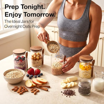Overnight Oats Containers with Lids - Glass Mason Jars, Meal Prep | Acacia Wood, Airtight Silicone Seal Set of 4 - Includes Spoons, 40 Labels for Chia Pudding, Yogurt, Cereal, Oatmeal - color: 4 pack - Acacia Lid